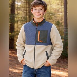 Eddie Bauer Lightweight Kids Fleece Jacket in Natural and Navy with Orange Trim
